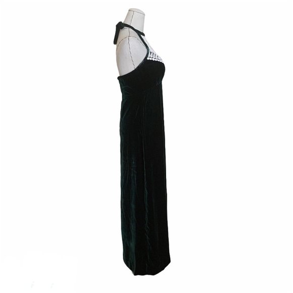 Vintage 60s 70s Green Velvet Halter Crochet Lace Bib Maxi Dress Gunne Goth - Picture 7 of 12